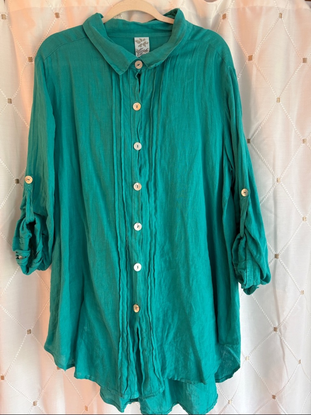 Relaxed linen Teal Button-Front Tunic Top